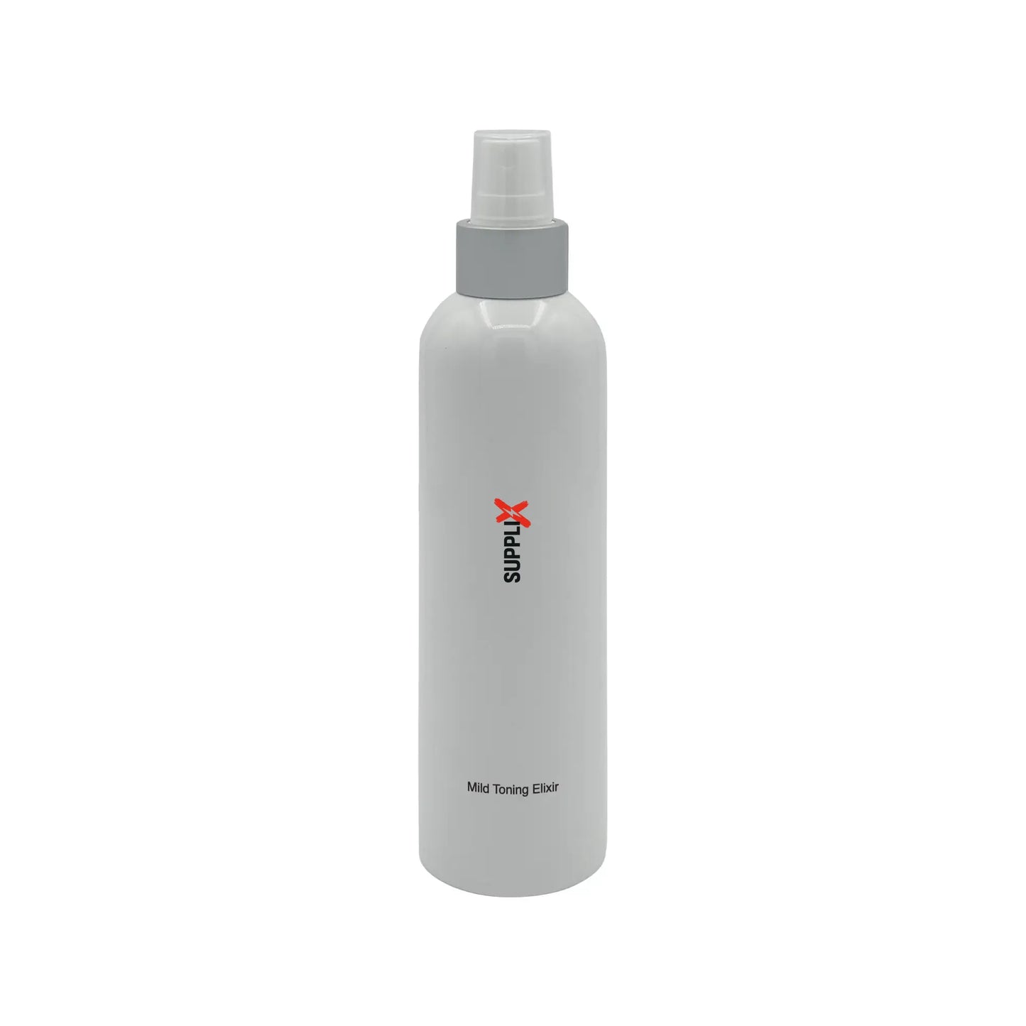 Clear glass bottle of SUPPLI-X Mild Toning Elixir infused with soothing aloe vera and antioxidant white tea extract, deliveri