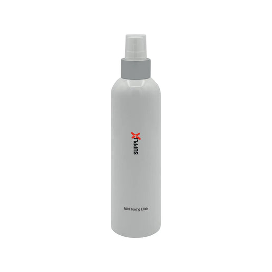 Clear glass bottle of SUPPLI-X Mild Toning Elixir infused with soothing aloe vera and antioxidant white tea extract, deliveri