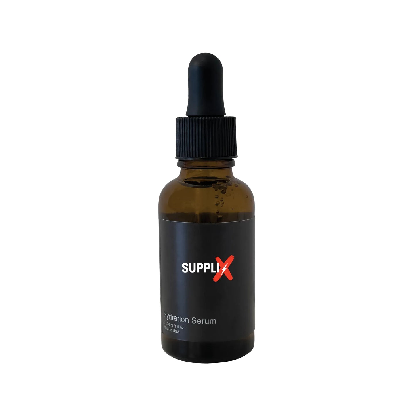 Clear glass bottle of SUPPLI-X Hydration Serum featuring glycerin for intense all-day moisture barrier repair and cassia seed