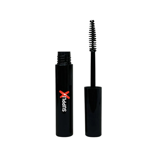 Clear bottle of SUPPLI-X Lash Rejuvenator hemp-infused serum with mascara wand applicator, featuring natural extracts like su
