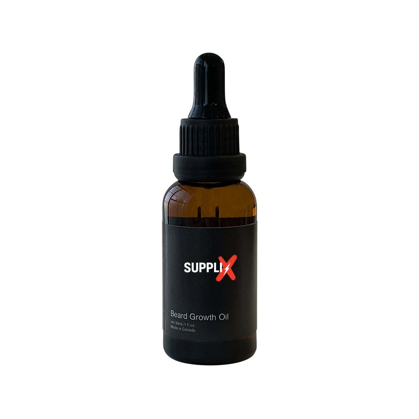 Clear glass bottle of unscented SUPPLI-X Hemp Infused Beard Growth Oil featuring natural ingredients like hemp seed oil and s