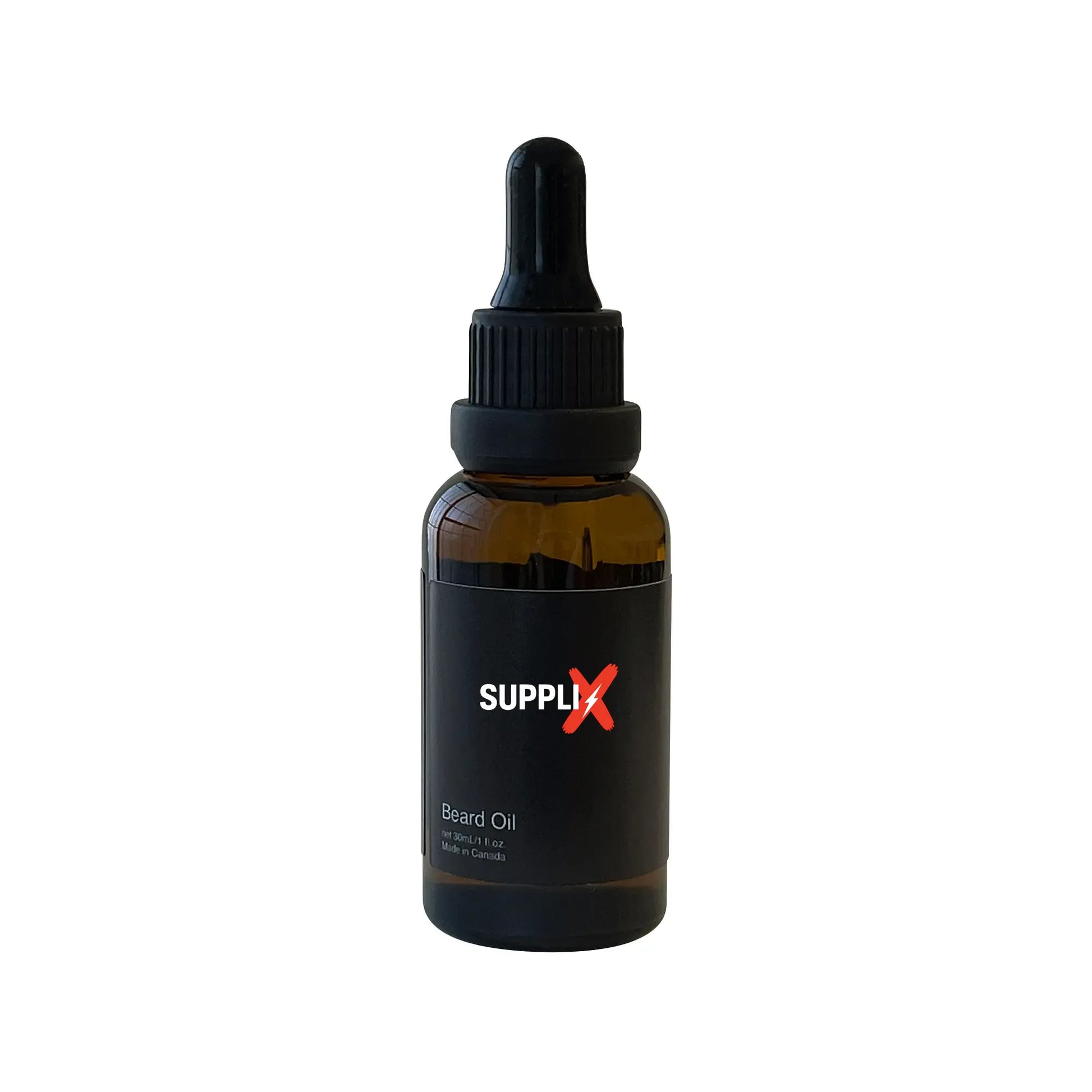 Premium SUPPLI-X Classic Beard Oil bottle with dropper cap, infused with 100% essential oils like rosemary and argan for deep