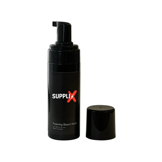 Premium bottle of SUPPLI-X foaming beard wash featuring gentle lather from aloe vera, jojoba protein, and dead sea salt, deli