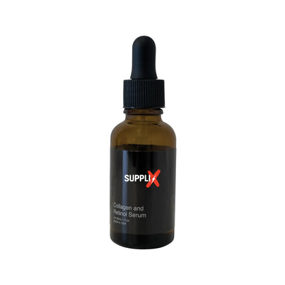 Clear glass dropper bottle of SUPPLI-X Collagen and Retinol Serum infused with hyaluronic acid and soybean oil, applied on sm