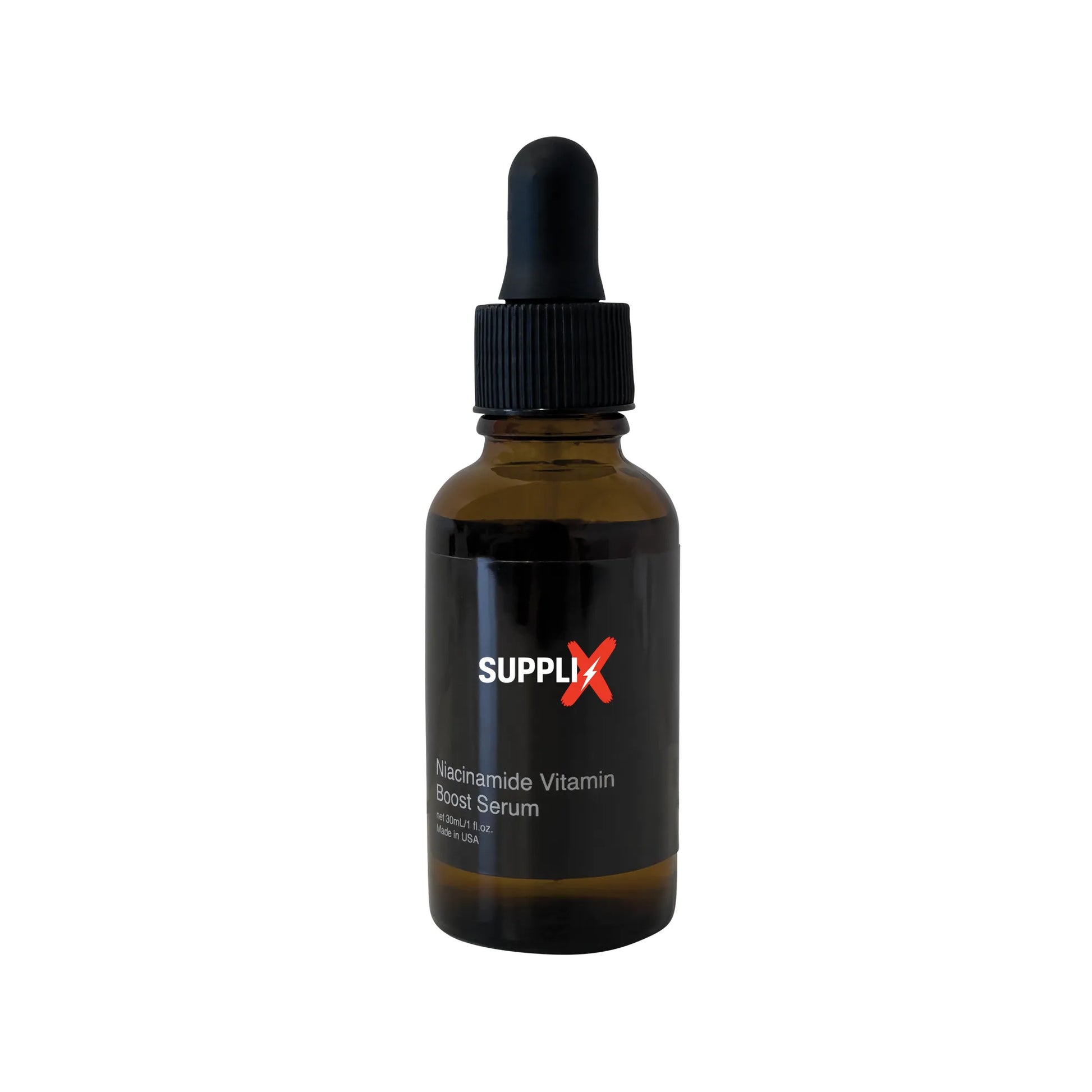 Clear glass dropper bottle of SUPPLI-X niacinamide vitamin boost serum infused with vitamin C and B3, delivering instant hydr
