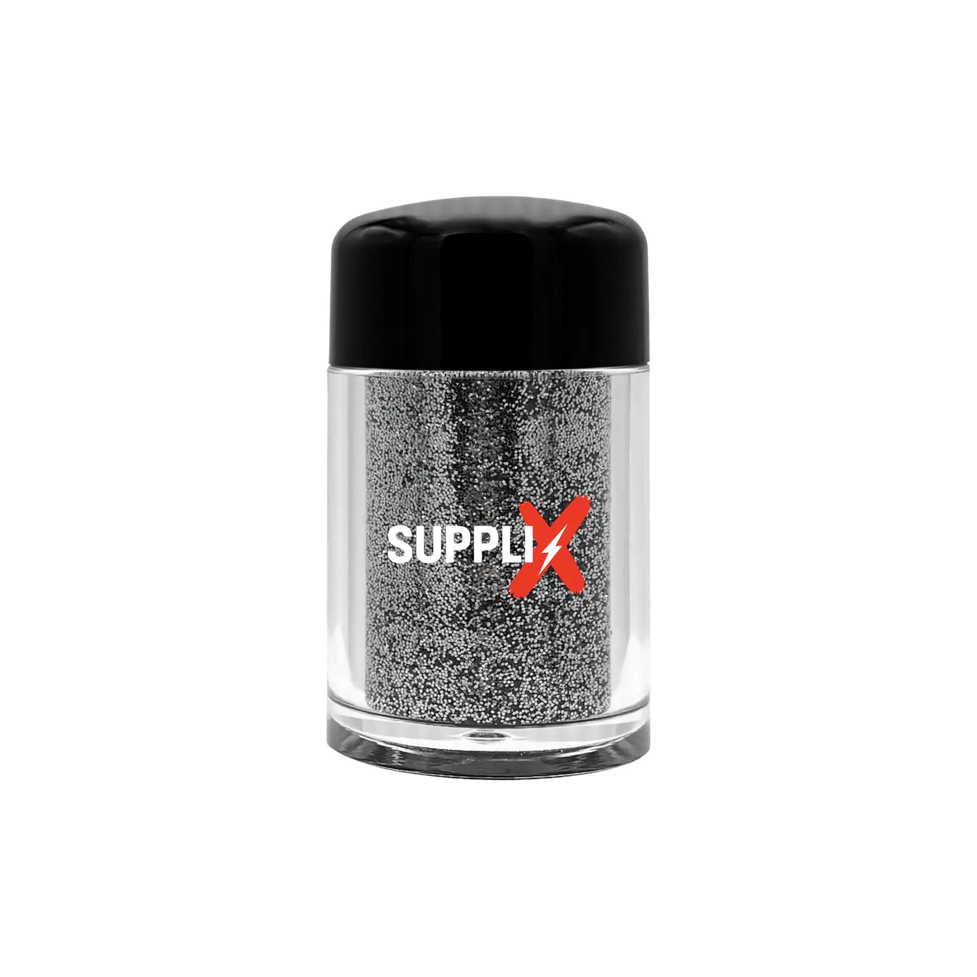 Shimmering ultra-fine silver glitter dust applied on skin, creating long-lasting vivid sparkle effects for eyes, body, and na