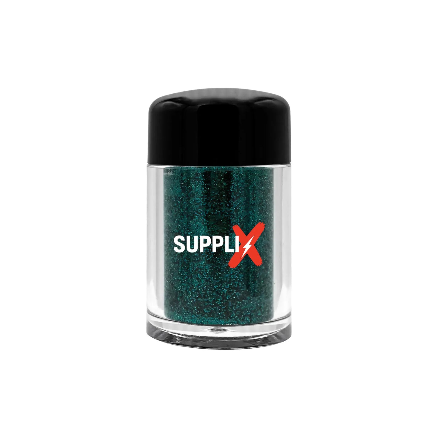 Shimmering aquamarine glitter dust applied on skin, featuring ultra-fine vegan particles for long-lasting, cruelty-free spark