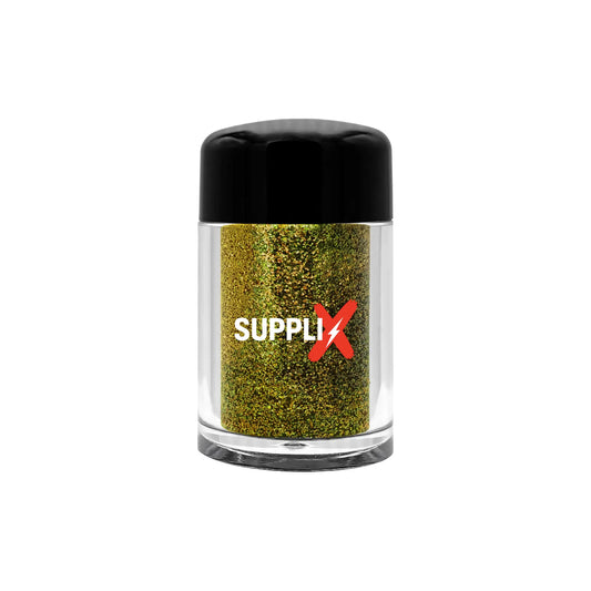Shimmering 24K gold vegan glitter dust sprinkled on a model's cheekbones and nails, showcasing lightweight, long-lasting spar