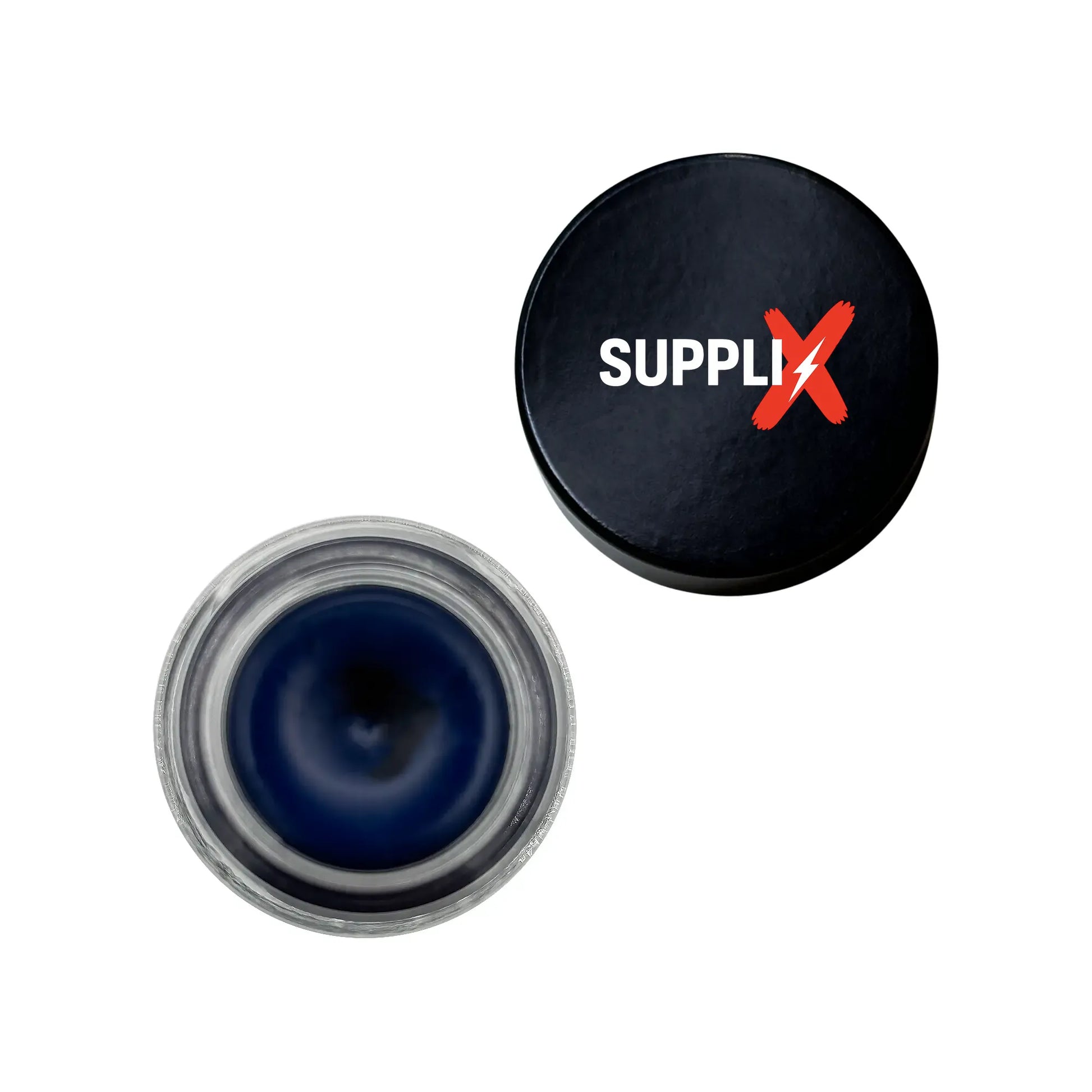 Intense navy gel eyeliner swatch on skin showing velvety smooth texture, vitamin E infused for conditioning, long-lasting smu