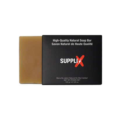 Vibrant yellow SUPPLI-X Natural Turmeric Soap bar infused with curcumin and goat milk, lathering on skin to reveal glowing, r