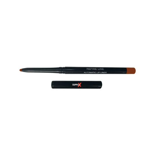 Close-up of SUPPLI-X Automatic Lip Liner in rich Cacao shade, retractable design with shea butter-infused creamy texture for 