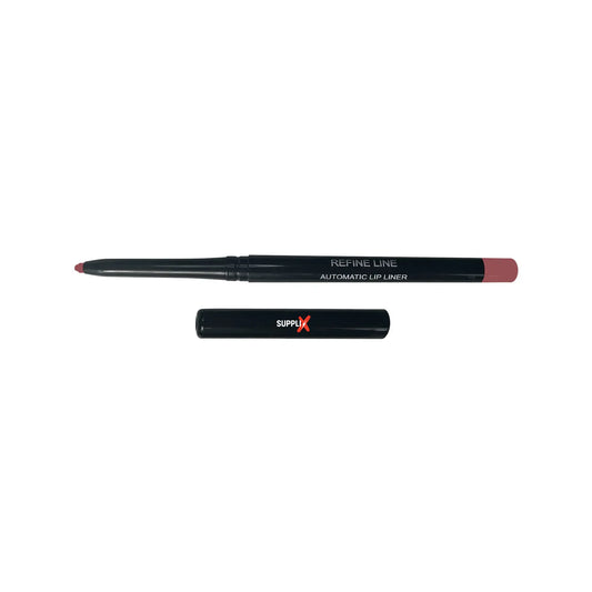 Close-up of SUPPLI-X Automatic Lip Liner in Juliet shade, retractable pencil gliding smoothly on lips, showcasing creamy shea