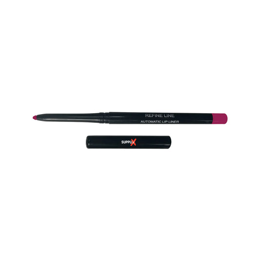 Vibrant close-up of SUPPLI-X Automatic Lip Liner in Power Trip shade, featuring retractable design, creamy shea butter textur