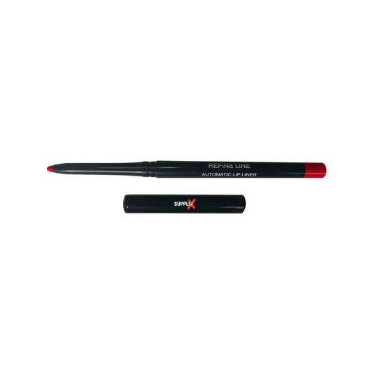 Vibrant scarlet automatic lip liner pencil with retractable design, creamy shea butter formula for smooth, long-lasting appli
