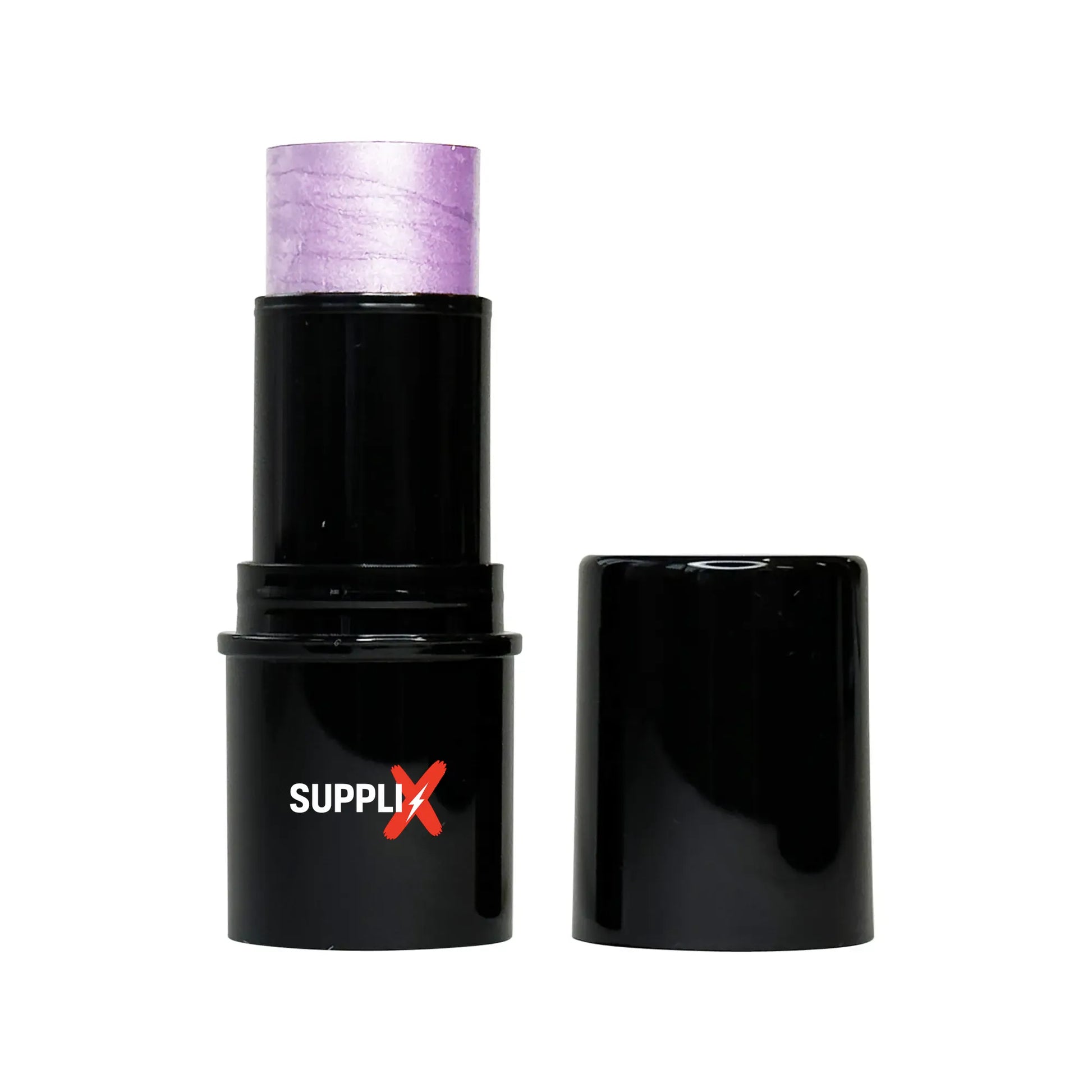 Shimmering lavender highlighter stick infused with vitamin C, A, and E for nourishing, long-lasting radiant glow on cheeks an