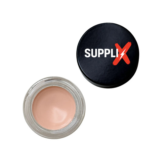 Compact white tube of SUPPLI-X Eye & Lip Primer with creamy sheer formula, featuring silicone for long-lasting crease-proof e