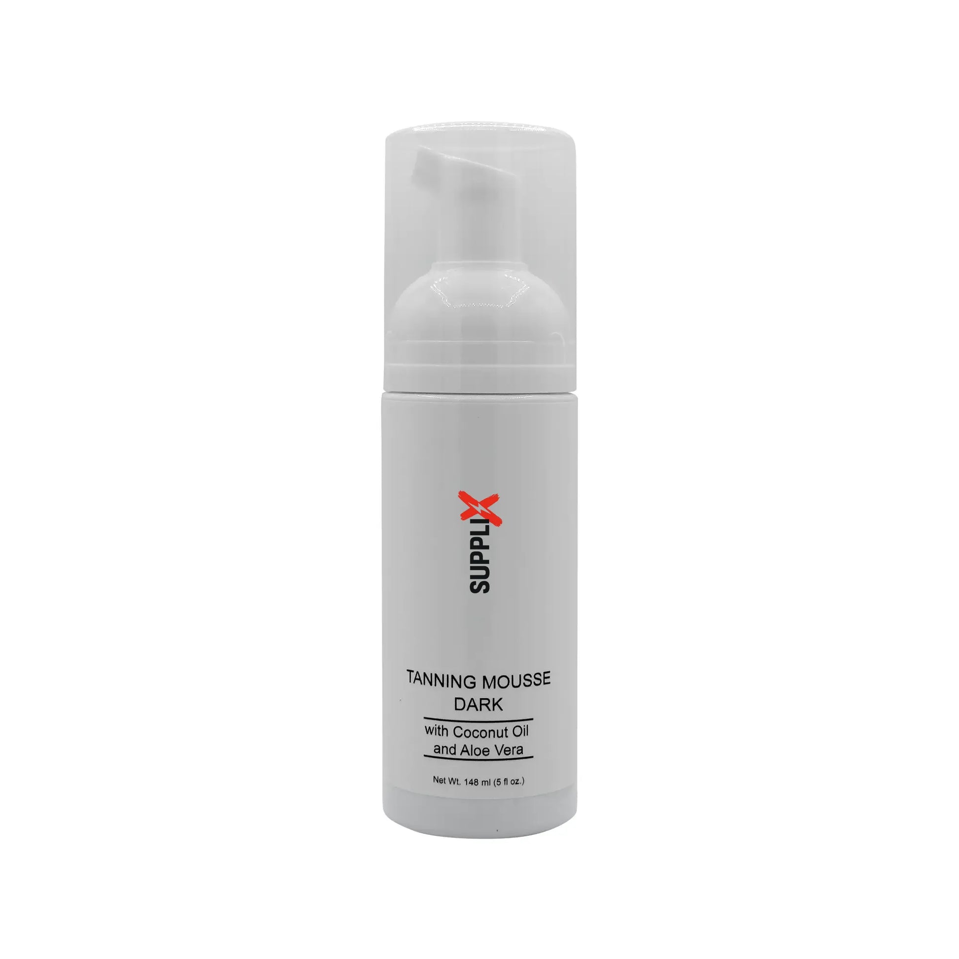 Sleek bottle of SUPPLI-X Dark Tanning Mousse on a tropical backdrop, showcasing effortless application for a deep, natural br