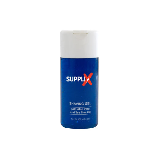 Clear bottle of SUPPLI-X aloe-infused shaving gel foaming richly with natural sunflower and tea tree oils, delivering soothin