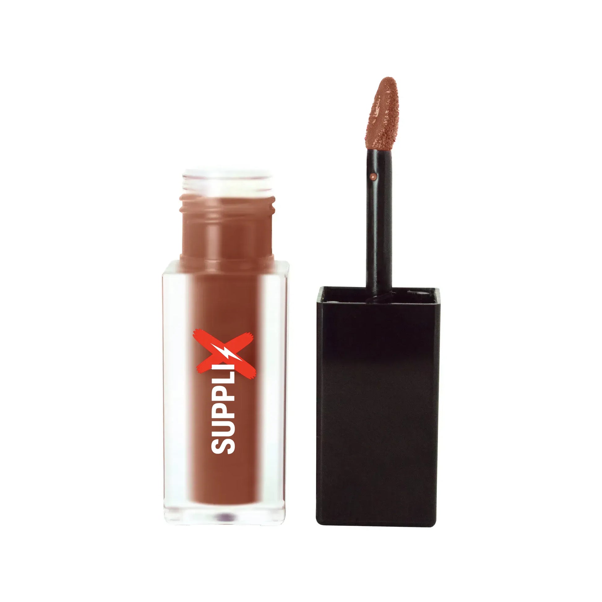 Intense cocoa-hued matte lip stain applied smoothly with doe-foot applicator, delivering vitamin E moisture and velvety long-