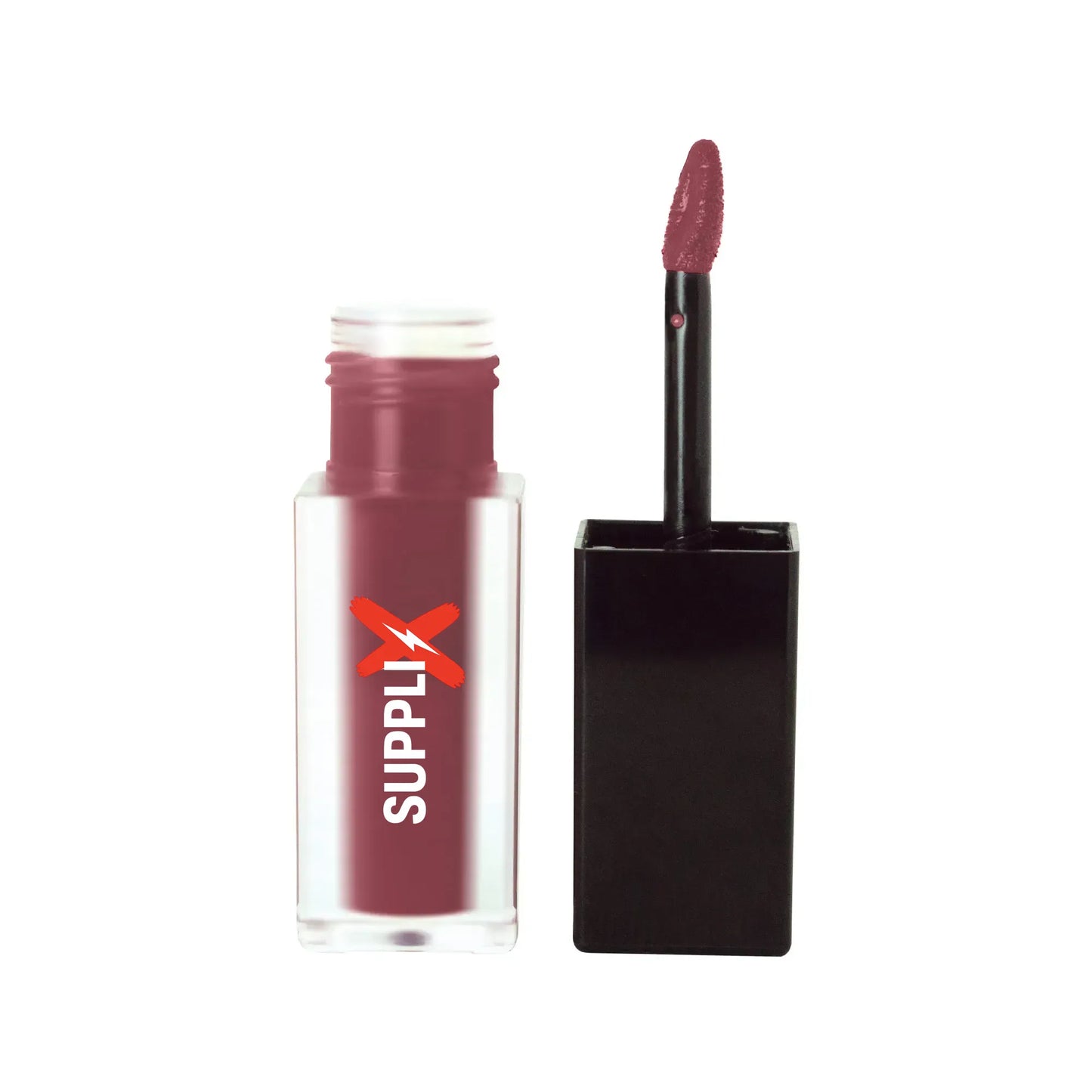 Close-up of doe applicator gliding SUPPLI-X Matte Lip Stain Twilight shade on lips, revealing silky-to-velvety matte finish e