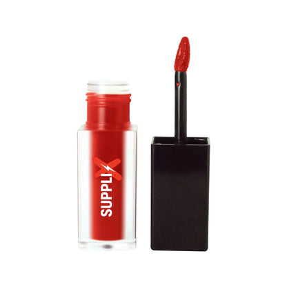 Close-up of smooth, velvety matte true crimson lip stain applied on model, highlighting long-lasting pigment and hydrating Vi