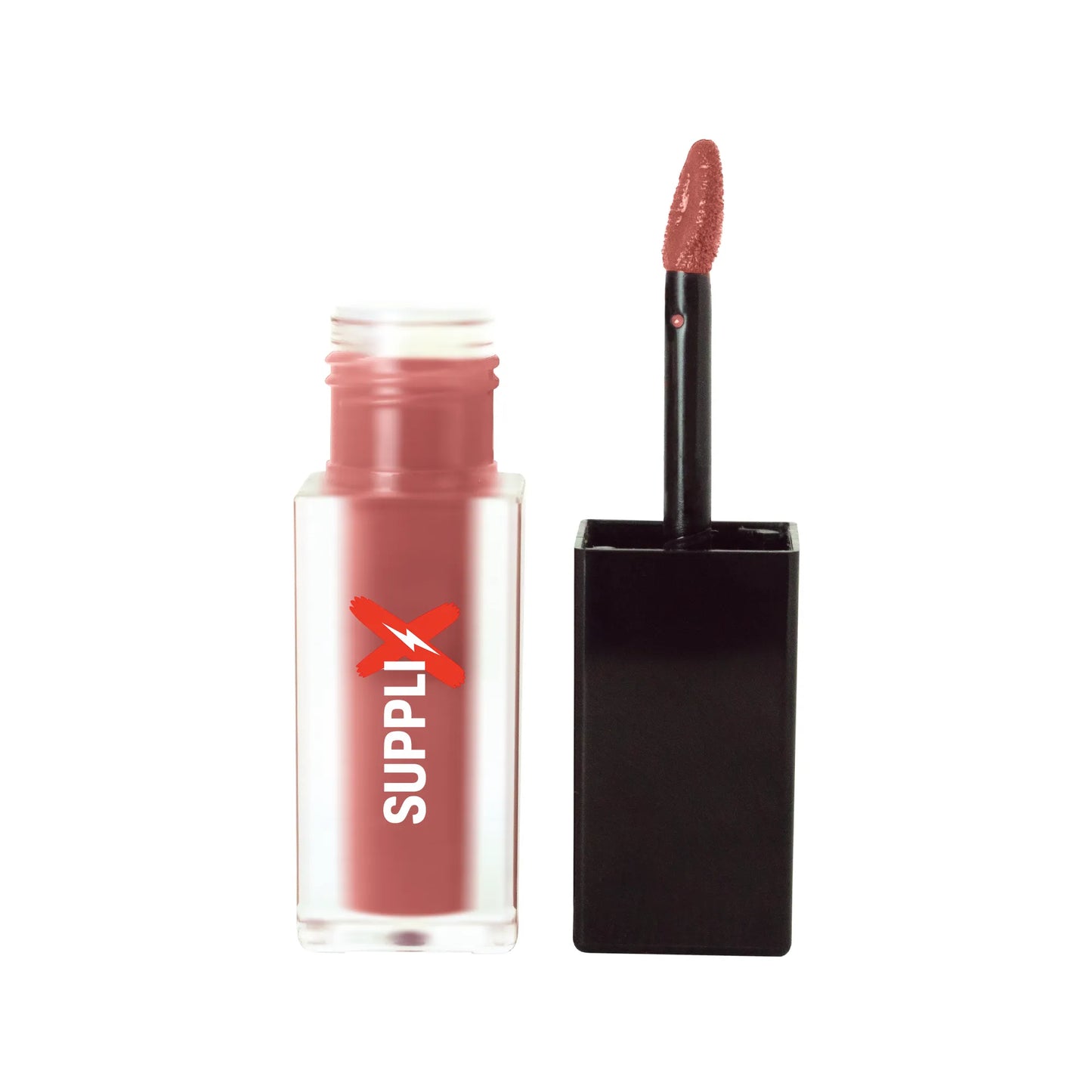 Vibrant Pink Peach Matte Lip Stain applied on model’s lips, showcasing smooth doe-foot applicator, vitamin E hydration, and h