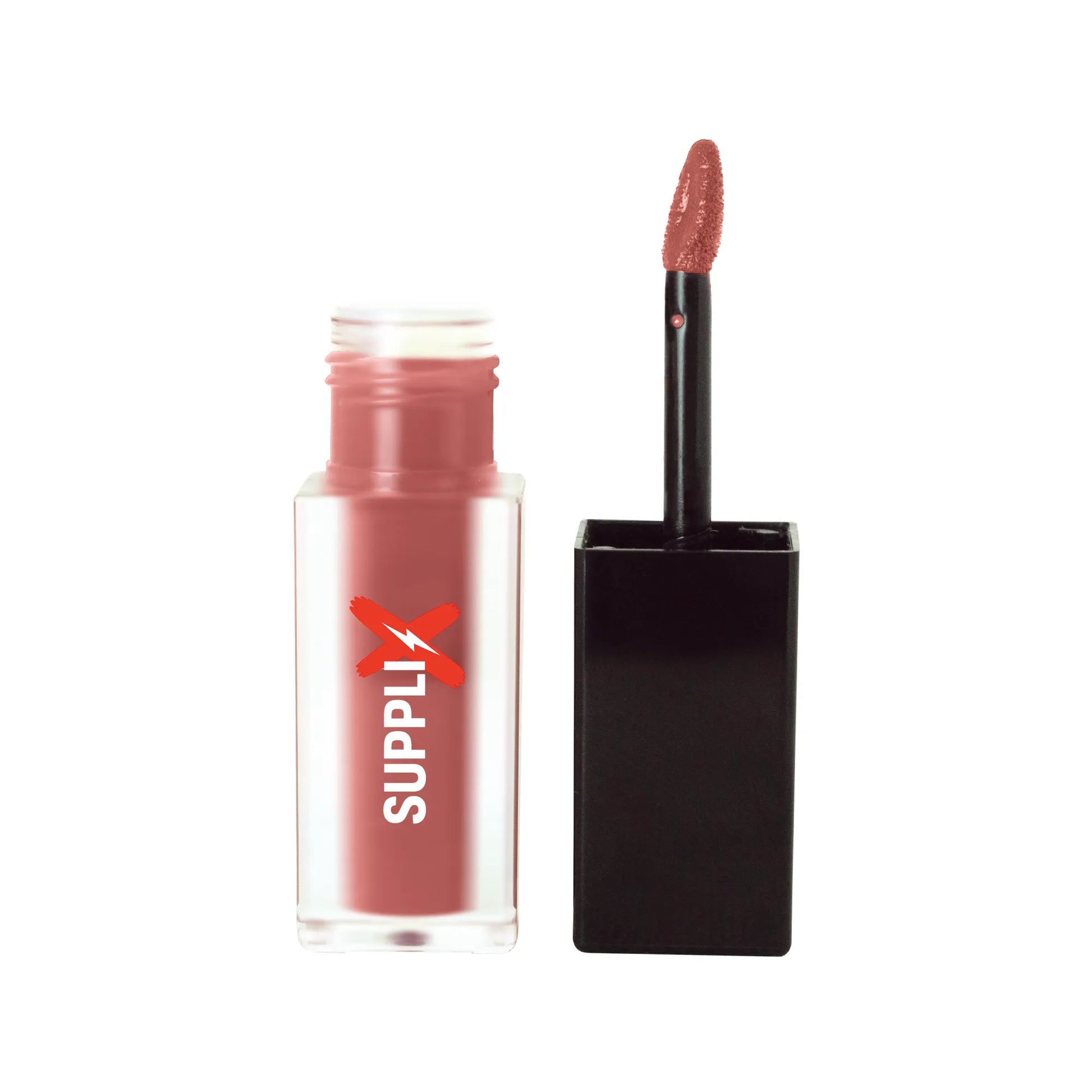 Vibrant Pink Peach Matte Lip Stain applied on model’s lips, showcasing smooth doe-foot applicator, vitamin E hydration, and h