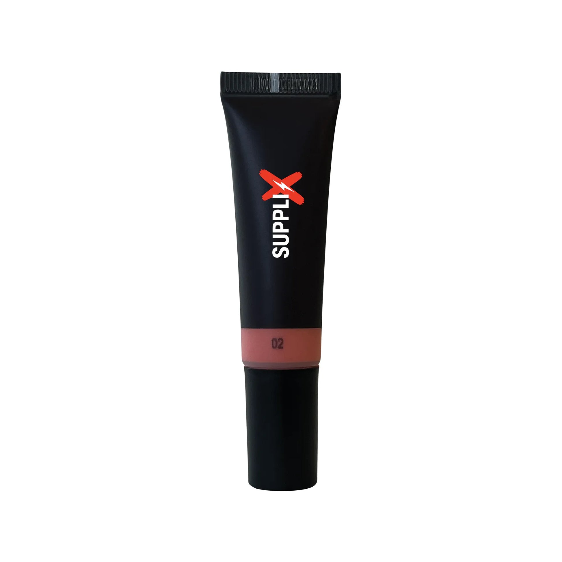 Close-up of SUPPLI-X Liquid Blush Dew Peach bottle with shimmering peach tint drops on skin, highlighting vegan, blendable fo