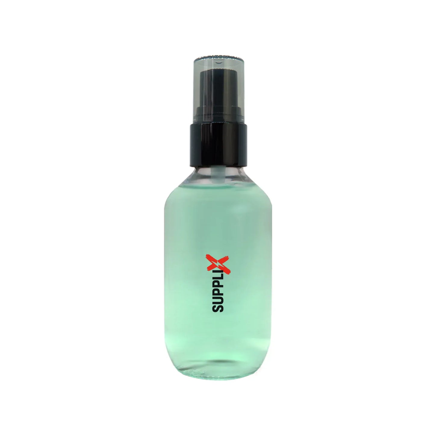 Clear bottle of SUPPLI-X lightweight makeup setting spray featuring hydrolyzed collagen and hyaluronic acid for pore-minimizi