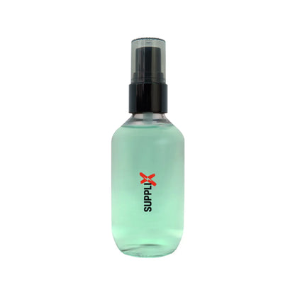 Clear bottle of SUPPLI-X lightweight makeup setting spray featuring hydrolyzed collagen and hyaluronic acid for pore-minimizi