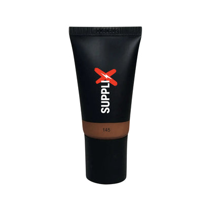 Bottle of SUPPLI-X Espresso Tinted Moisturizer on glowing skin model, showcasing sheer lightweight coverage, hyaluronic acid 