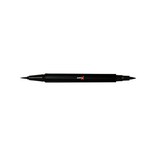 Jet-black dual tip eye definer pen featuring fine brush for sharp lines and felt tip for dramatic wings, vegan smudge-proof f