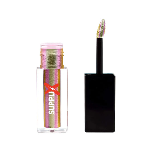 Vibrant bottle of SUPPLI-X Liquid Shimmer in rosy shade, showcasing smooth, shimmering application on cheekbones for long-las
