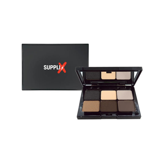 Close-up of SUPPLI-X Dark Storm vegan eyeshadow palette featuring 6 shimmering and matte shades in stormy hues, with creamy t