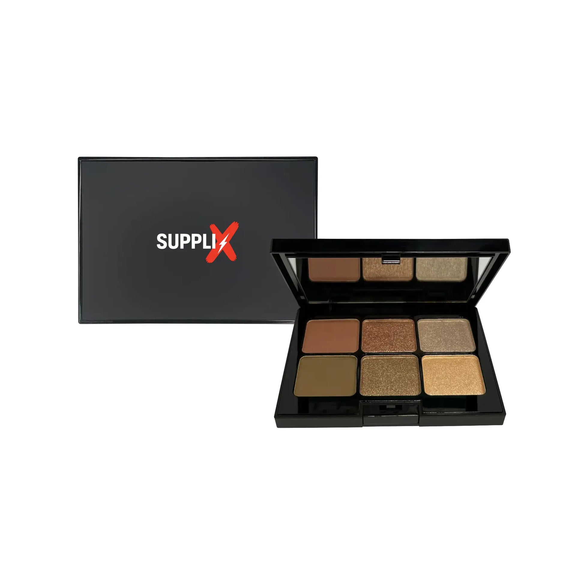 Close-up of SUPPLI-X Shimmy vegan eyeshadow palette featuring 6 creamy shades in shimmer and matte finishes, with jojoba oil 