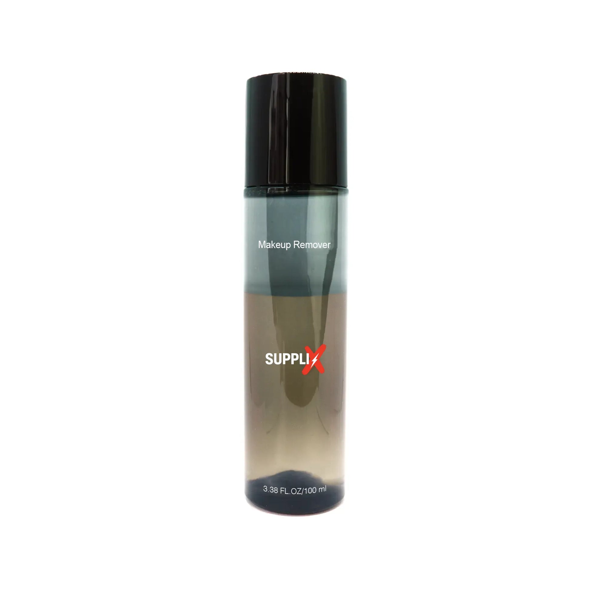 Clear bottle of SUPPLI-X vegan lip and eye makeup remover with oil-water mix gently dissolving waterproof mascara and lipstic