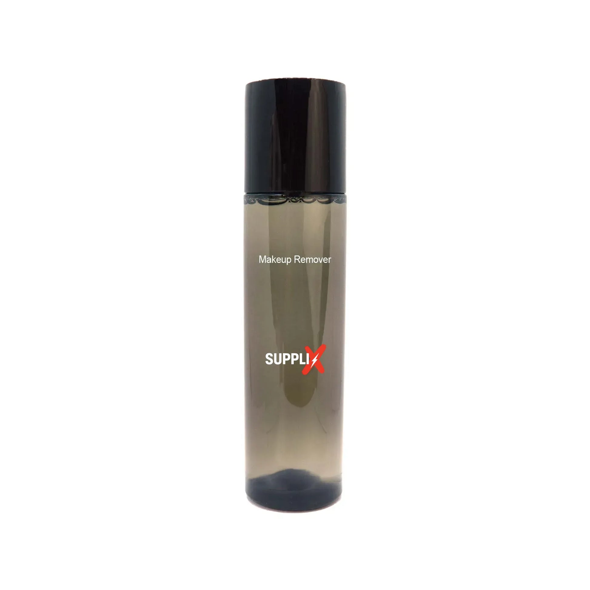 Clear bottle of SUPPLI-X water-based gentle makeup remover solution for all skin types, featuring vegan paraben-free formula 