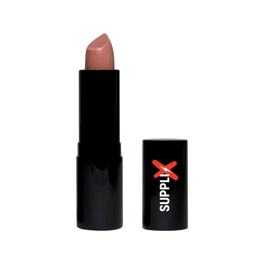 Velvety nude lipstick swatch on soft, hydrated lips enriched with argan oil, vitamin E, and macadamia seed for plump, moistur