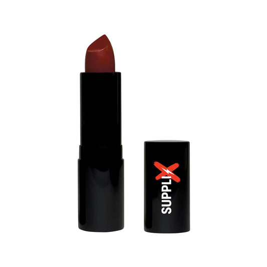 Vibrant Runway Red luxury cream lipstick tube with creamy texture, enriched with argan oil, vitamin E, and natural seed oils 