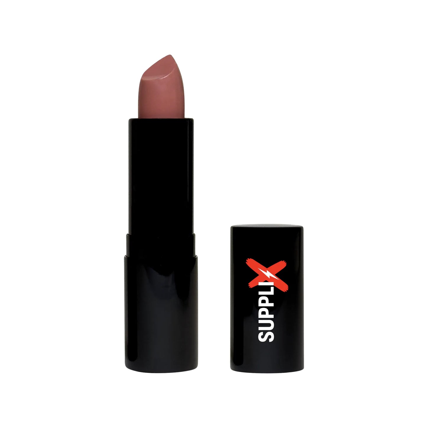 Vibrant close-up of Lustrous Latte shade on smiling model's plump, moisturized lips, showcasing creamy texture enriched with 