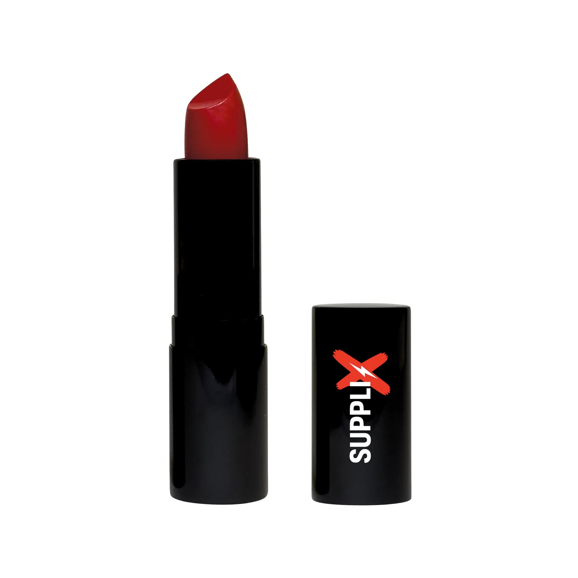Vibrant regal red luxury cream lipstick tube enriched with argan oil, vitamin E, and seed oils for ultimate lip plumpness, hy