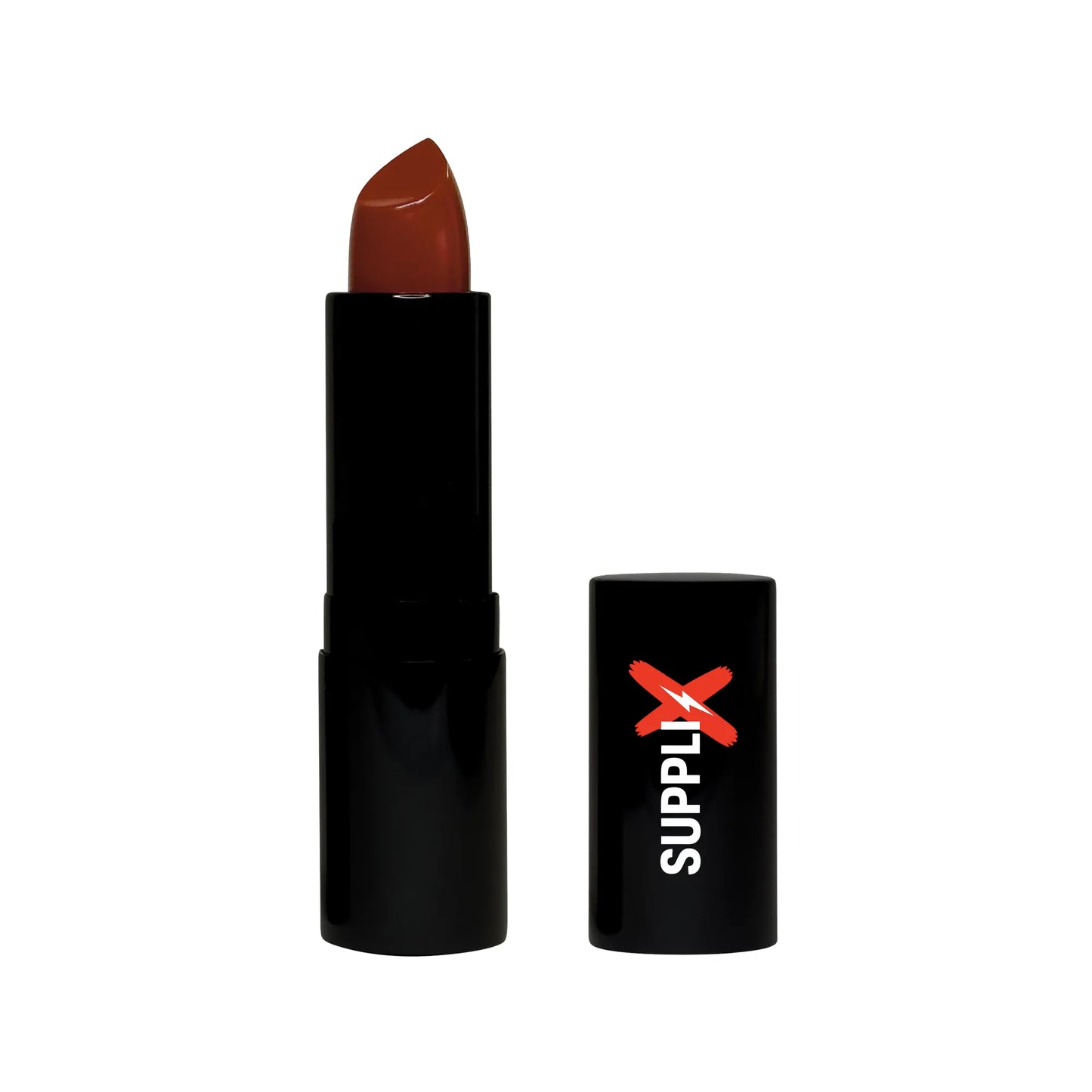 Close-up of model wearing SUPPLI-X Luxury Matte Lipstick in vibrant Megan shade, showcasing cushiony texture, full pigment co