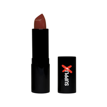 Vibrant brandy shade applied on diverse skin tones, highlighting cushiony matte finish, full pigment coverage, and hyaluronic