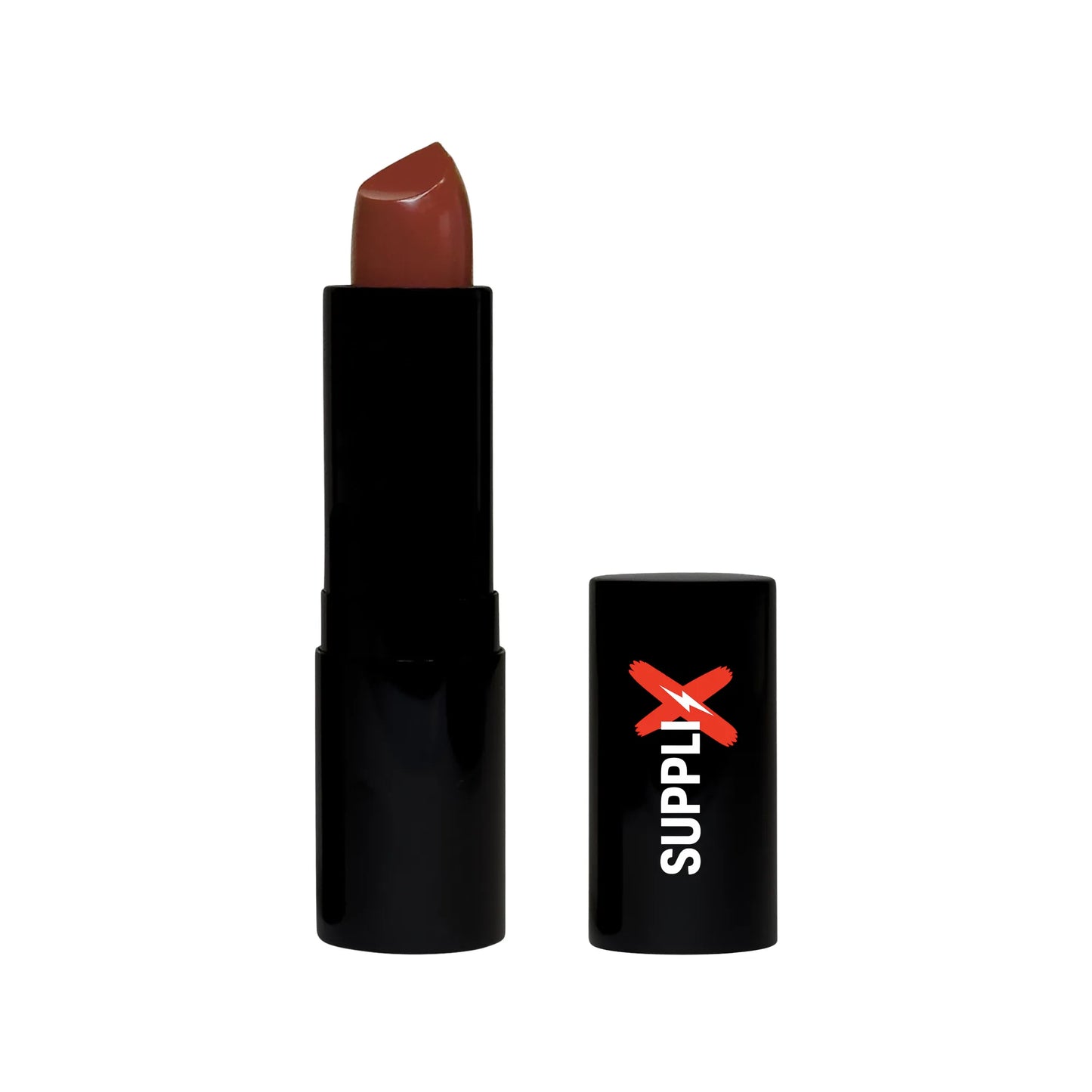 Vibrant Reese shade of SUPPLI-X Luxury Matte Lipstick applied on model lips, showcasing hydrating matte finish, full pigment 