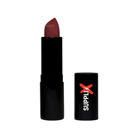 Close-up of supple lips swatched with SUPPLI-X Luxury Matte Lipstick in elegant Grace shade, showcasing vibrant pigment, hydr
