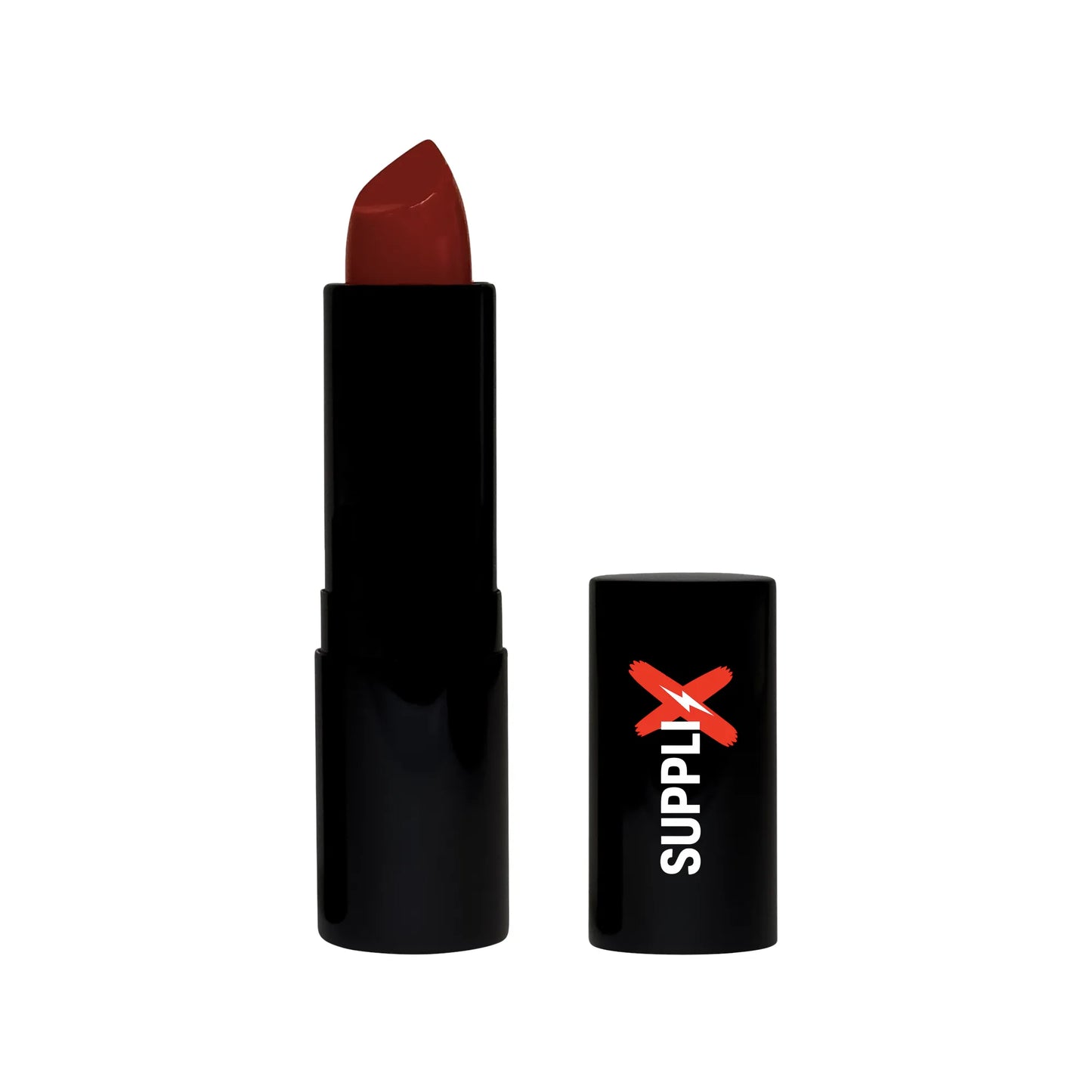 Vibrant red carpet red luxury matte lipstick applied on plump lips, showcasing hydrating vegan formula with full pigment cove