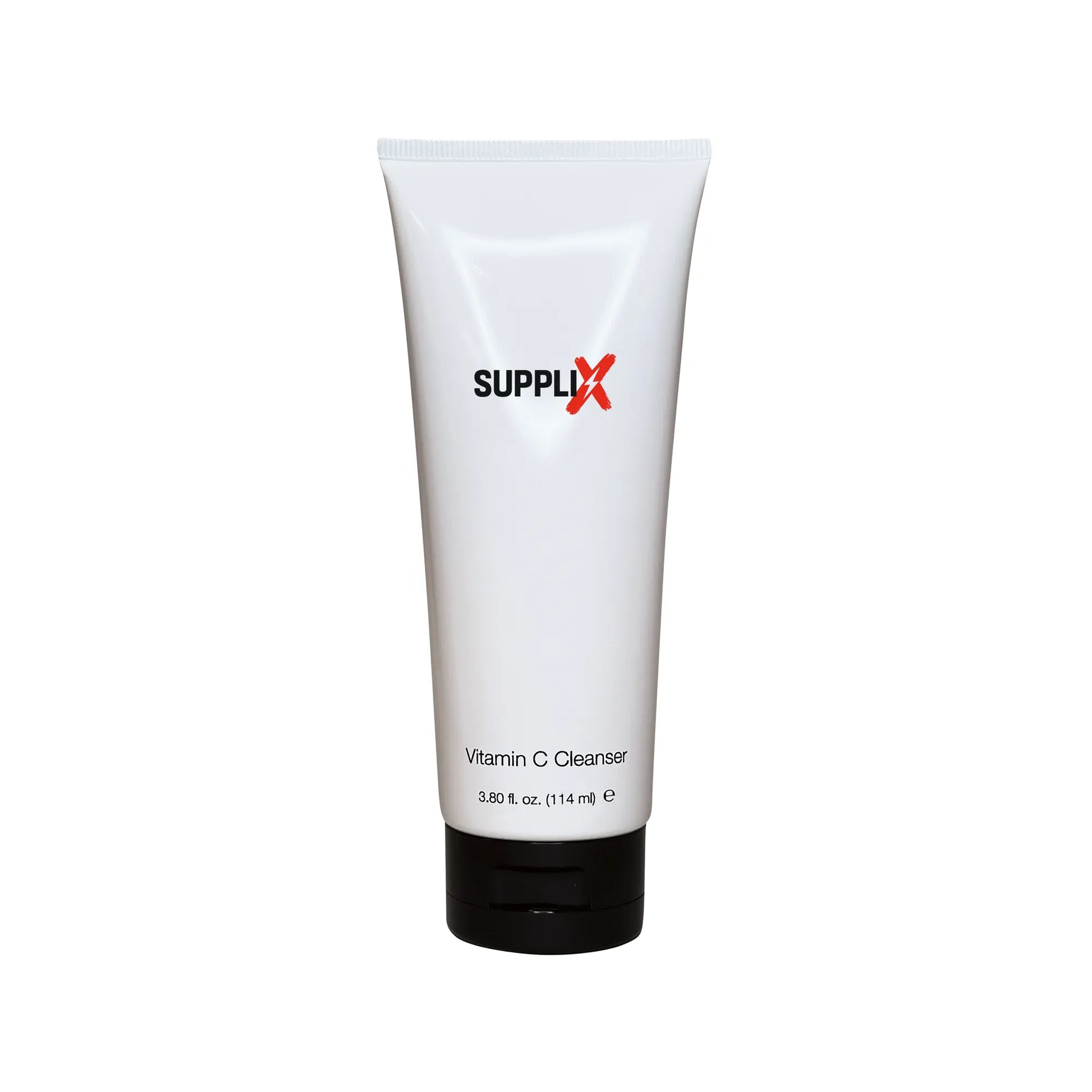 Clear gel bottle of SUPPLI-X Vitamin C brightening cleanser infused with green tea, ginkgo biloba, and natural tangerine oran