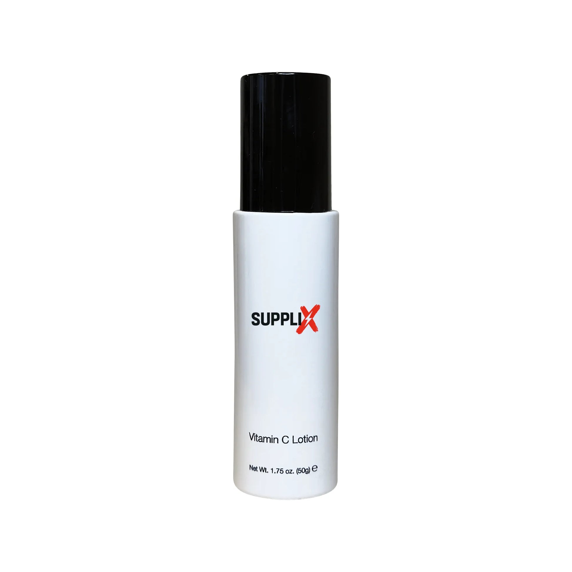 Bottle of SUPPLI-X Vitamin C Lotion with bright orange tangerine scent, featuring rose hip extract for enhanced collagen prod