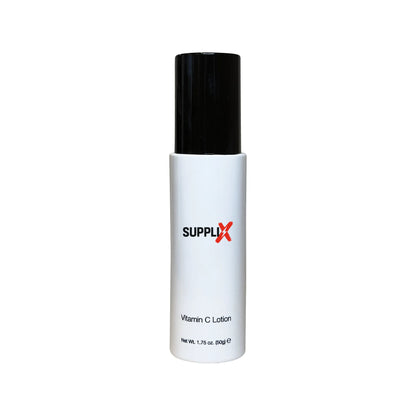 Bottle of SUPPLI-X Vitamin C Lotion with bright orange tangerine scent, featuring rose hip extract for enhanced collagen prod