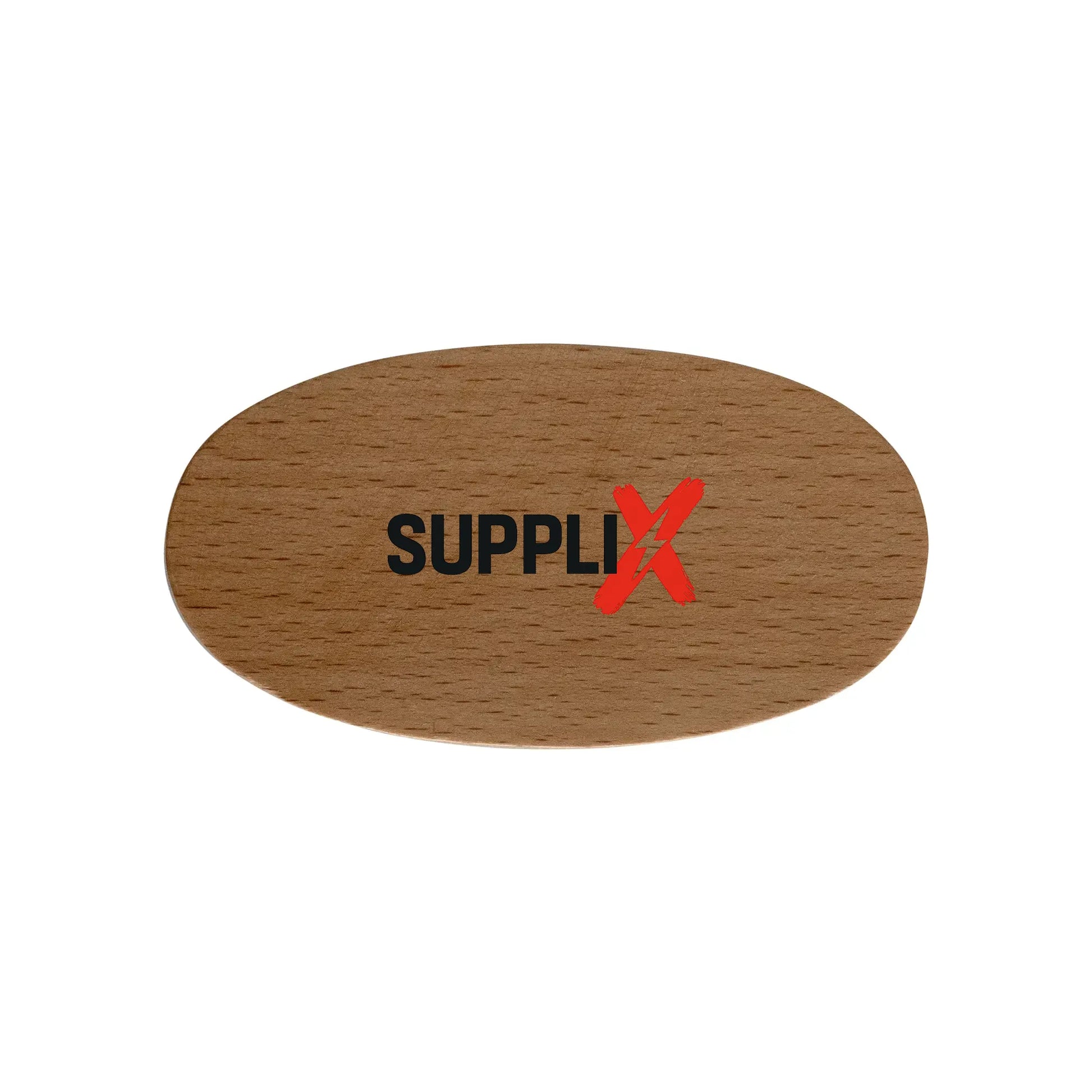 Close-up of SUPPLI-X Beard Nylon Brush with strong polypropylene bristles detangling thick beard hair, compact beech wood han